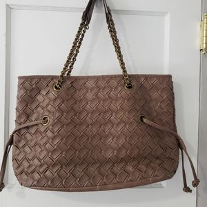Jessica Simpson Vintage Faux Leather Basket Weave Tote Bag Taupe Brown Sz L